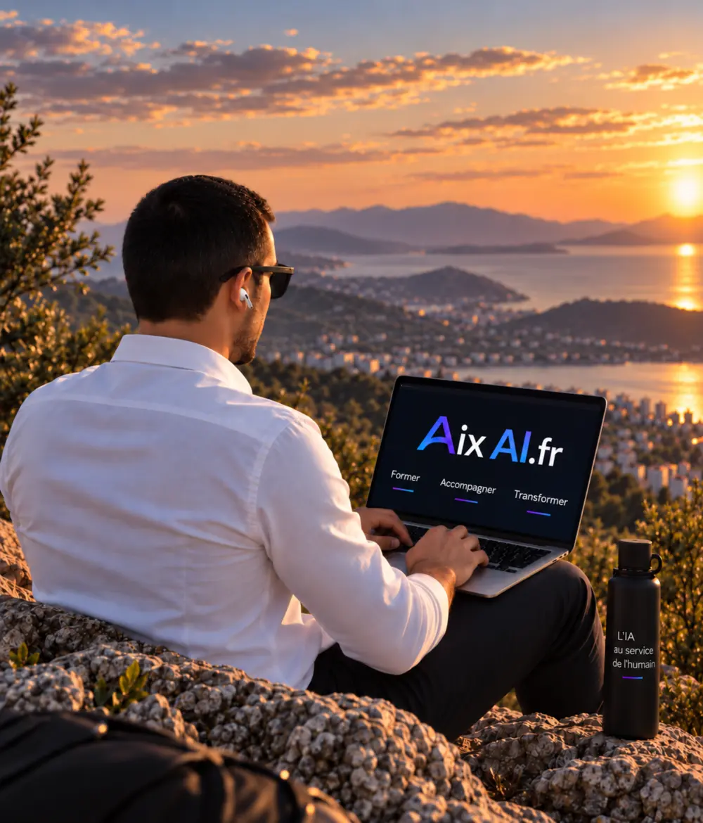 Nicolas Sfeir devant un panorama méditerranéen, avec son ordinateur Aix AI